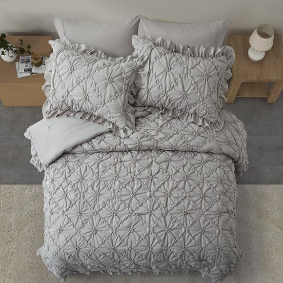 Queen Size Bed Comforter Set Gray Ruffle Grey Shabby Cottage Chic Bedding New - Picture 1 of 7